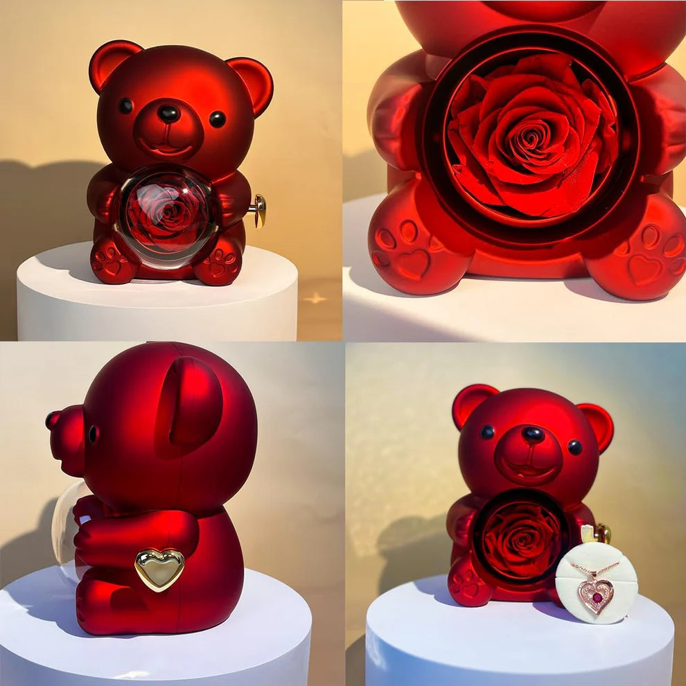 Preserved Red Rose & Adorable Bear Gift Box