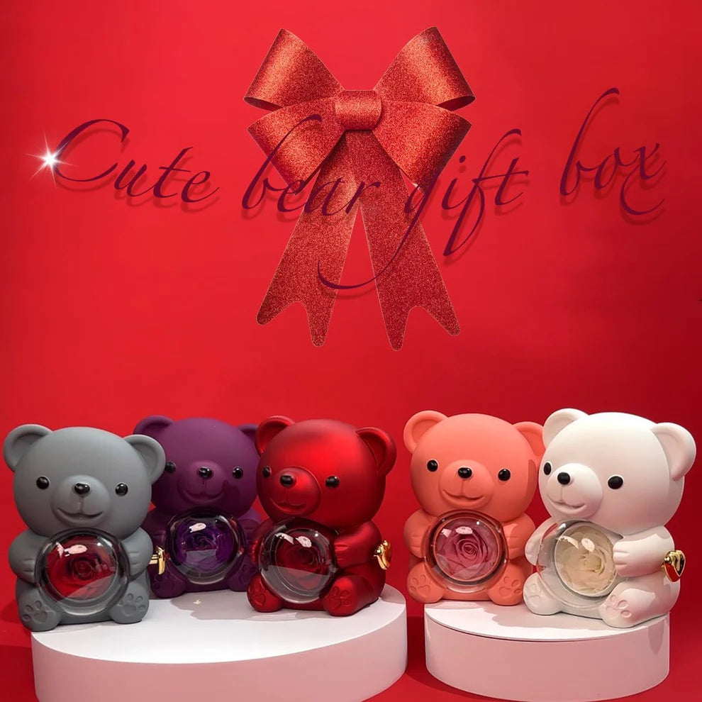 Preserved Red Rose & Adorable Bear Gift Box